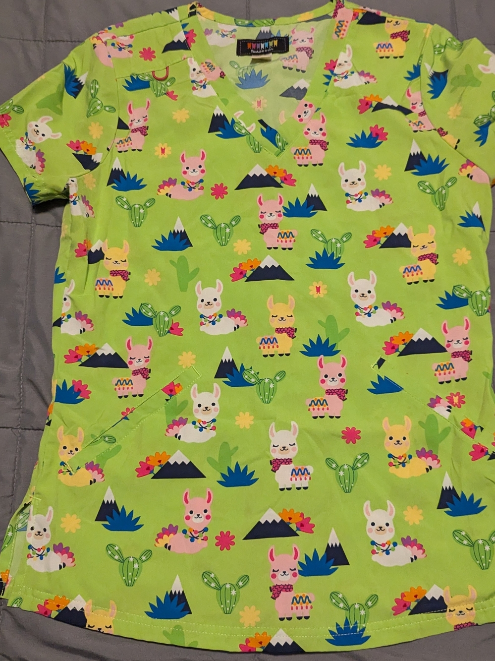 koi Lime Green Llama Print Short Sleeve Scrub Top